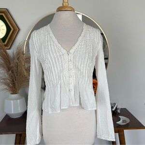 Sezane White Lace-Trim Pintuck Peasant Blouse